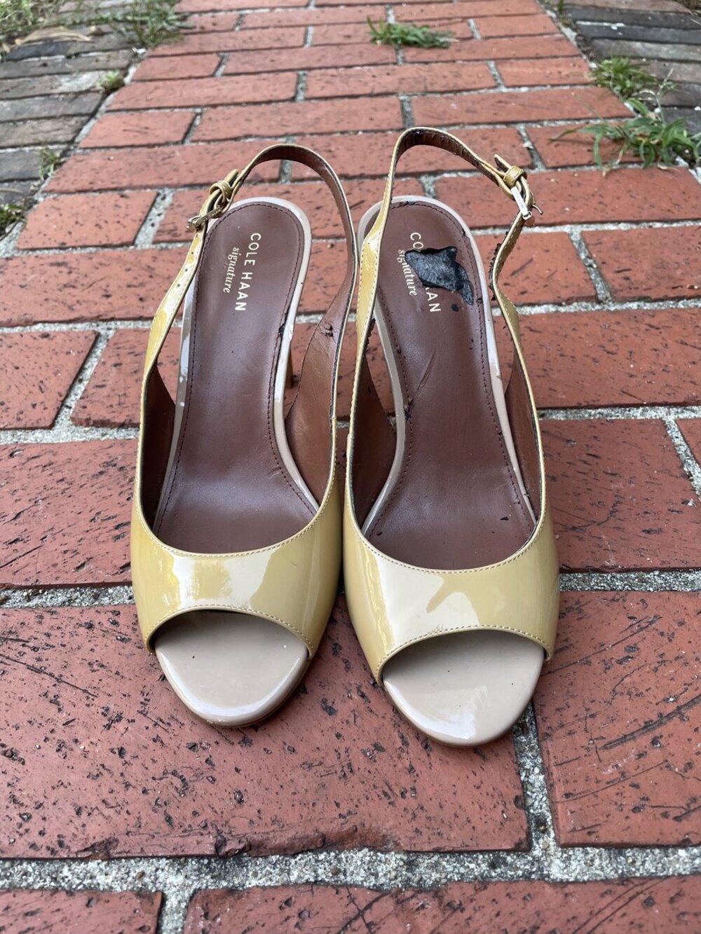 Cole Haan Signature Patent Leather Peep Toe Slingback Heels Tan Women's Size 7B